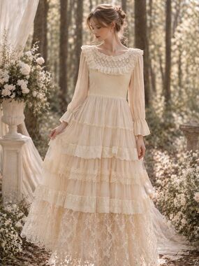 Source with u Cream Lace Prairie Maxi Dress Romantic Tiered Victorian